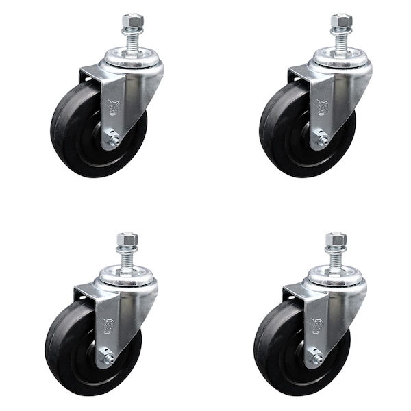 4 Inch SS Soft Rubber Wheel Swivel 10mm Threaded Stem Caster Set SCC
